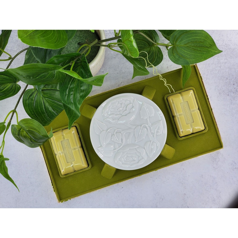 Vintage Germaine Cologne 2 Soap Bars Dish White Trinket Plate Rosepoint Lace Set
